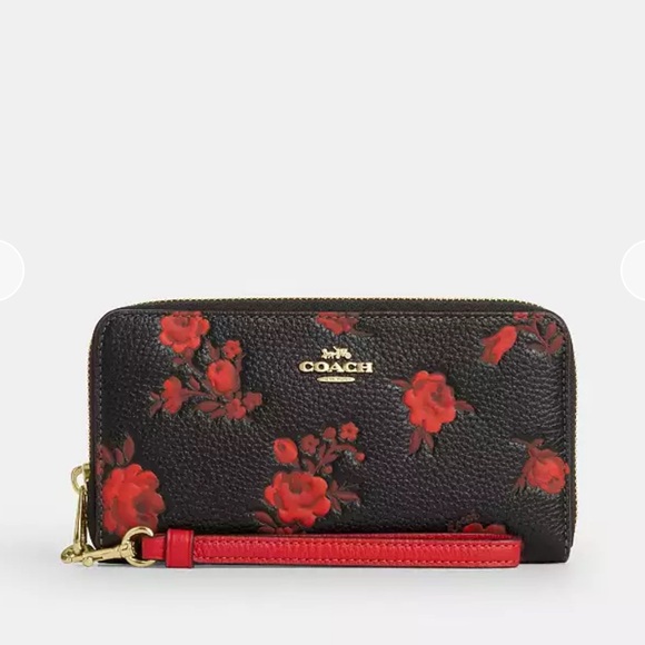 Coach Long Zip Around Wallet With Floral Print Black Red Gold - Picture 10 of 15